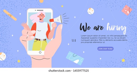 Vector Illustration Of A Girl In Smartphone Shouting In Loud Speaker And Recruiting New Employees. We Are Hiring, Job Recruitment Or Headhunting Banner, Poster, Flyer Or Landing Page.