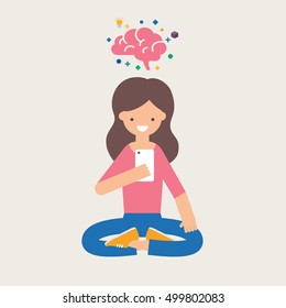 Vector Illustration Of A Girl With Smartphone Using Brain Training App