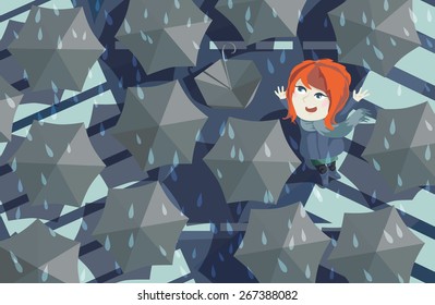 Vector illustration of a girl, smiling in the rain