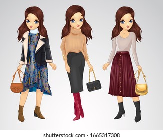 Vector illustration of girl with smooth dark hair in trendy outfits with skirts