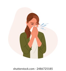 Vector illustration of a girl sneezes with splashes.Cartoon scene of a young girl with a cold sneezing into a white paper tissue, wearing a light t-shirt, a khaki shirt isolated on a white background.