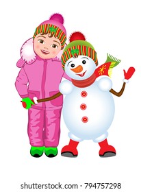 Vector Illustration. Girl and a snowman.