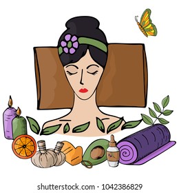 Vector illustration. Girl at the spa procedures enjoys the process. Body care, health, massage, relaxation