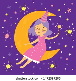 vector illustration of a girl in space sitting on the moon with a magic wand, good night