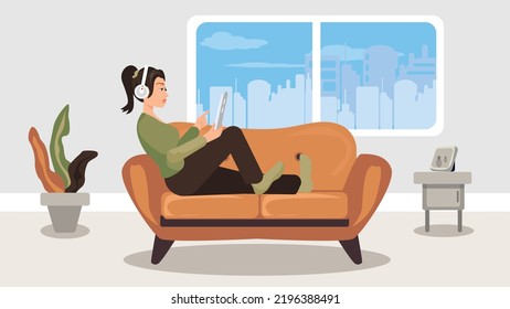 Vector illustration of girl spending free time. Home life and relaxation concept.