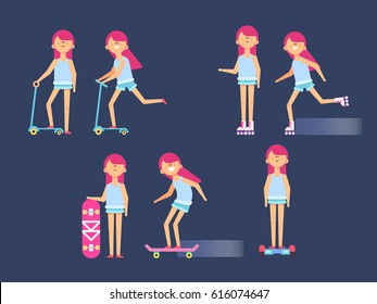 Vector illustration of girl  sport activity outside. Teenage girl with pink hair on kick scooter, skateboard, roller skates. Vector illustration in a flat style, good for animation.