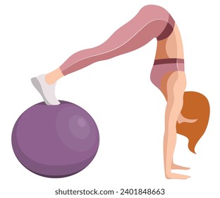 vector illustration of a girl in sportswear doing fitness, sports, working out, doing exercises with a fitness ball isolated on a white background.