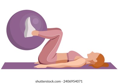 vector illustration of a girl in sportswear doing fitness, sports, working out, doing exercises with a fitness ball isolated on a white background.