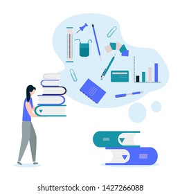 Vector illustration with girl, stack of books. Education, study, working background. Flat style. Design for web page, presentation, print.