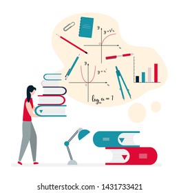 Vector illustration with girl, stack of books. Education, study, working background. Flat style. Design for web page, presentation, print.
