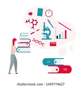 Vector illustration with girl, stack of books. Education, study, working background. Flat style. Design for web page, presentation, print.