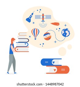 Vector illustration with girl, stack of books. Education, study, working background. Flat style. Design for web page, presentation, print.