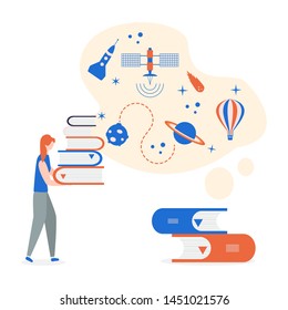 Vector illustration with girl, stack of books. Education, study, working background. Flat style. Design for web page, presentation, print.