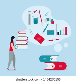 Vector illustration with girl, stack of books. Education, study, working background. Flat style. Design for web page, presentation, print.