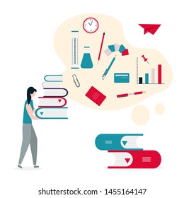 Vector illustration with girl, stack of books. Education, study, working background. Flat style. Design for web page, presentation, print.