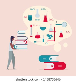 Vector illustration with girl, stack of books. Education, study, working background. Flat style. Design for web page, presentation, print.