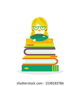 Vector illustration of a girl standing behind pile of books isolated on white background. Design for postcards, flyers, invitations, poster print. 