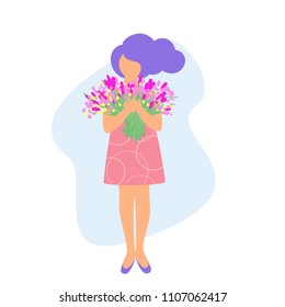 vector illustration of a girl standing with a big bouquet of flowers, greeting card with women's day