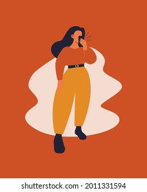Vector illustration with girl standing half a turn and holding smartphone in her hand. Portrait of young woman making selfie. Colorful picture in flat style
