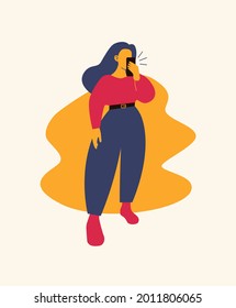 Vector illustration with girl standing half a turn and holding smartphone in her hand. Portrait of young woman making selfie. Colorful picture in flat style