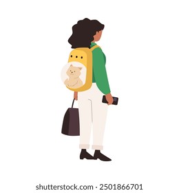 Vector illustration of a girl standing with her back to a backpack with a cat inside and a travel bag. Ideal for safe and comfortable travel with pets