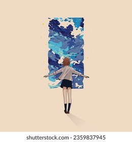 vector illustration of a girl standing looking up at the sky