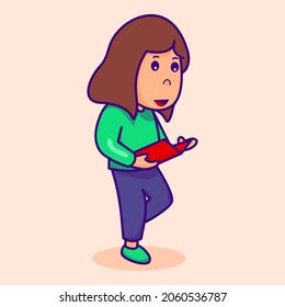 Vector illustration of girl standing reading a book, girl learning to read, child reading a cute book, education
