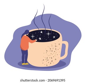 vector illustration. the girl stands next to a huge steaming cup, which reflects the starry sky. trend illustration in flat style