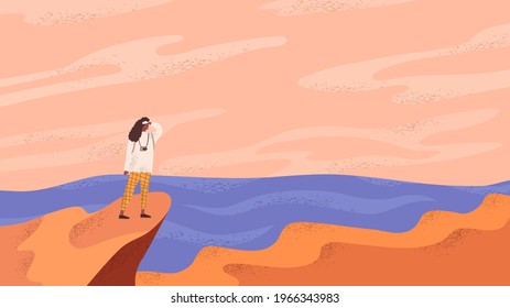 Vector illustration. Girl stands on top of cliff and looks at the sea. Flat design. Concept of discovery, exploration, hiking, adventure tourism and travel. Landscape view. Sunset scene. Wilderness