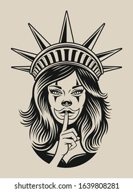 Vector illustration of a girl in Statue of Liberty headwear in tattoo style on a white background.