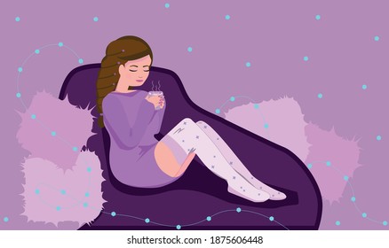 Vector illustration of a girl in stockings who drinks hot cocoa with marshmallows.
