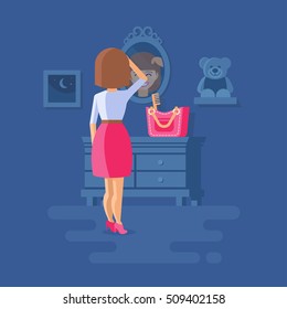 Vector illustration of girl straightens her hair. She stands with her back to the viewer. The reflection face in the mirror. Clipart of night room. 