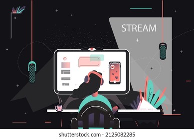 Vector illustration. Girl streamer sits at a computer on the network and talks into a microphone. Podcast recording in studio and live streaming to social media. Streamer, video blogger,video tutorial