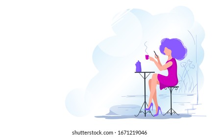 Vector illustration of a girl in a street cafe, a young woman drinking coffee and talking on a mobile phone,flat design
