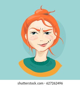 Vector illustration of a girl with a strong emotion of doubt. Red-haired girl with a sneer on his face, drawn in a cartoon style.
