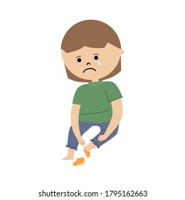 Vector illustration of girl struggling to put on socks and crying