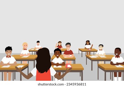 A vector illustration of girl student doing a presentation in front of the class. Flat vector illustration isolated on white background