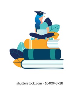 vector illustration girl student graduate sitting on books with laptop surrounded by greenery. graphic design for language courses, onlain English school vector