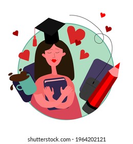 vector illustration of a girl student with a graduate shaka with notebooks pencils a computer and a computer mouse