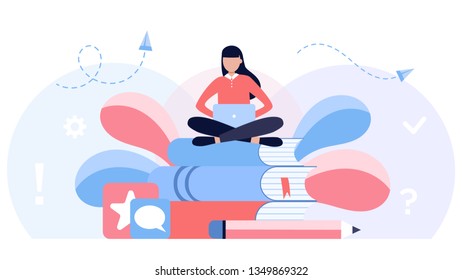 vector illustration girl student sitting on books with laptop surrounded by greenery. graphic design for language courses, online education. Suitable for web banner, poster, flyer template