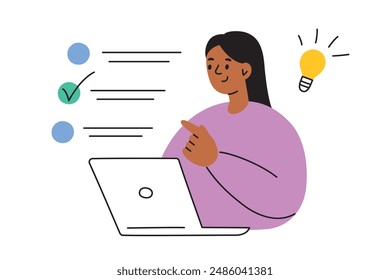 Ilustración vectorial de una estudiante tomando un examen en una laptop. Estilo de dibujos animados planos. Educación y estudio en línea, de vuelta a la escuela. Configuración de exámenes digitales en una escuela o universidad. Aprendizaje remoto