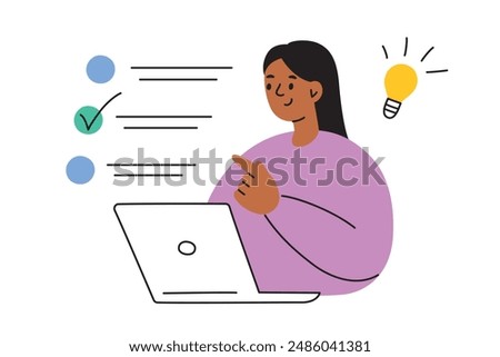 Vector illustration of a girl student taking a test on a laptop. Flat cartoon style. Online education and study, back to school. Digital exam setting in a school or university. Remote learning