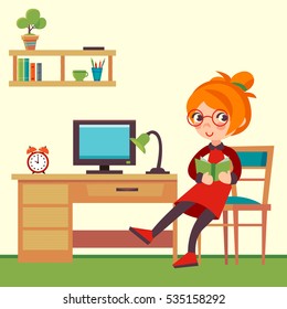 vector illustration with a girl in a study room
