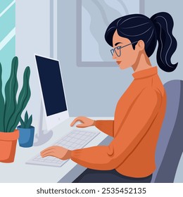 Vetor ilustração menina estudando no computador em estilo plano moderno. Trabalho à distância de freelancer em casa. Programadora mulher trabalhando à distância