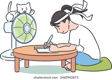 Ilustración vectorial de una chica estudiando duro en el verano