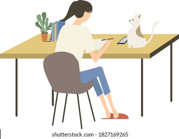 Vector illustration of a girl studying at home