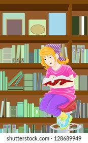 A vector illustration of a girl studying in the library