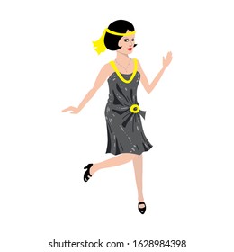 Vector Illustration of girl in the style of the 1920s in charleston dance pose. Beautiful brunette young european lady.  Realistic woman in flat style on a white background