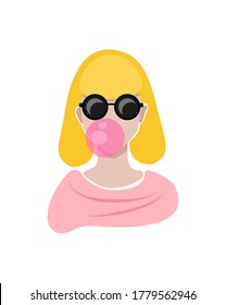 Vector illustration with a girl in stylish bright sunglasses and with a bubble gum. Bright summer illustration. Design for print and web. Option avatars for social networks.