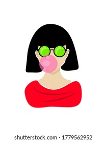 Vector illustration with a girl in stylish bright sunglasses and with a bubble gum. Bright summer illustration. Design for print and web. Option avatars for social networks.